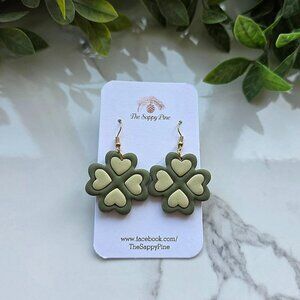 NEW St. Patrick's Day Heart 4 Leaf Clover Polymer Clay Dangle Earrings